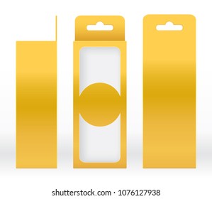 Hanging Box Gold window shape cut out Packaging Template blank. Luxury Empty Box Golden yellow Template design product package gift box, Yellow Gold Box packaging paper kraft cardboard package(Vector)