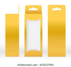 Hanging Box Gold window shape cut out Packaging Template blank. Luxury Empty Box Golden yellow Template design product package gift box, Yellow Gold Box packaging paper kraft cardboard package(Vector)