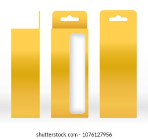 Hanging Box Gold window shape cut out Packaging Template blank. Luxury Empty Box Golden yellow Template design product package gift box, Yellow Gold Box packaging paper kraft cardboard package(Vector)