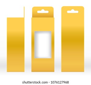 Hanging Box Gold window shape cut out Packaging Template blank. Luxury Empty Box Golden yellow Template design product package gift box, Yellow Gold Box packaging paper kraft cardboard package(Vector)