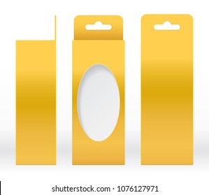 Hanging Box Gold window shape cut out Packaging Template blank. Luxury Empty Box Golden yellow Template design product package gift box, Yellow Gold Box packaging paper kraft cardboard package(Vector)