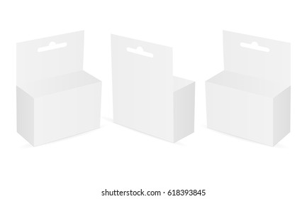 Hanging box mock-up isolated on white background. Set of white boxes can be used for showcase your cosmetic or medical brand, logo, design. Vector illustration