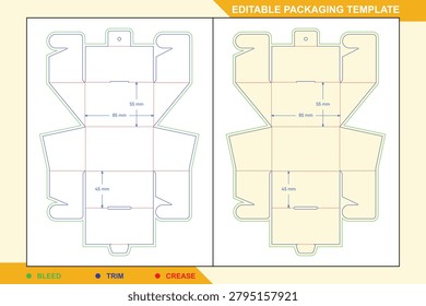 Hanging box packaging dieline template with interlocking buckle featuring precise 55mm and 45mm measurements and color-coded bleed, trim, and crease lines
