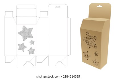 Hanging box with stenciled pattern in shaped stars window die cut template and 3D mockup