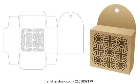 Hanging box with stenciled pattern window die cut template and 3D mockup