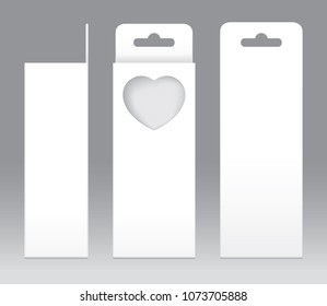 Hanging Box White window Heart shape cut out Packaging Template blank. Empty Box white Template for design product package gift box, White Box packaging paper kraft card board package (Vector)