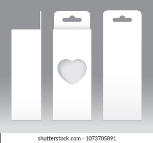 Hanging Box White window Heart shape cut out Packaging Template blank. Empty Box white Template for design product package gift box, White Box packaging paper kraft card board package (Vector)
