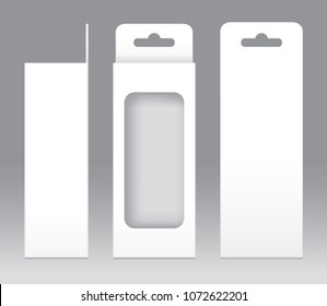 Hanging Box White window shape cut out Packaging Template blank. Empty Box white Template for design product package gift box, White Box packaging paper kraft card board package (Vector)