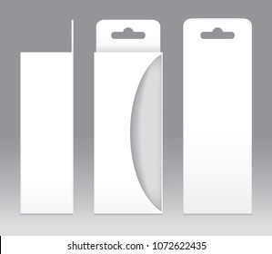 Hanging Box White window shape cut out Packaging Template blank. Empty Box white Template for design product package gift box, White Box packaging paper kraft card board package (Vector)