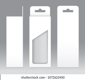 Hanging Box White window shape cut out Packaging Template blank. Empty Box white Template for design product package gift box, White Box packaging paper kraft card board package (Vector)