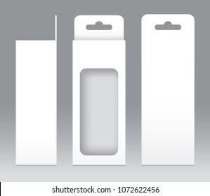 Hanging Box White window shape cut out Packaging Template blank. Empty Box white Template for design product package gift box, White Box packaging paper kraft card board package (Vector)