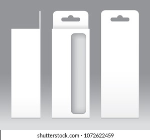 Hanging Box White window shape cut out Packaging Template blank. Empty Box white Template for design product package gift box, White Box packaging paper kraft card board package (Vector)