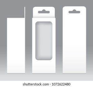 Hanging Box White window shape cut out Packaging Template blank. Empty Box white Template for design product package gift box, White Box packaging paper kraft card board package (Vector)