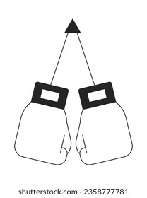 Hanging boxing gloves flat monochrome isolated vector object. Self defense. Kickboxing power. Editable black and white line art drawing. Simple outline spot illustration for web graphic design