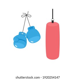 Hanging boxing gloves and punching bag. Vector flat illustration isolated on white background 