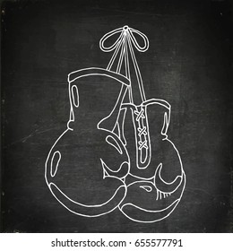 Hanging boxing gloves vector stock illustration. Chalk board drawing.