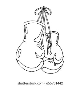 Hanging boxing gloves vector stock illustration. Boxing legend. Black and white whiteboard drawing.