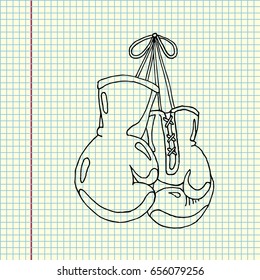 Hanging boxing gloves vector stock illustration. Sheet ball pen drawing