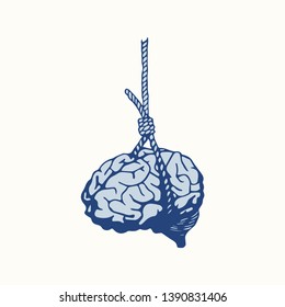 Hanging brain illustration. illustration of suicidal thoughts. hanging brain logo.
