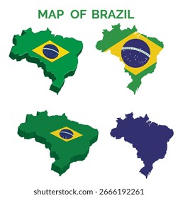 Bandera de Brasil colgada en forma de mapa. República Federativa del Brasil. Mapa brasileño, mapa 3d, concepto. Ilustración vectorial.