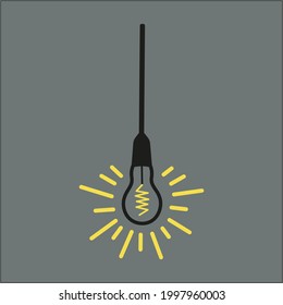 Colgando una lámpara de luz brillante que ahorra energía sobre fondo gris. Colores de moda - gris y amarillo. Imagen del surgimiento de una idea en el cerebro humano. Ilustración vectorial.