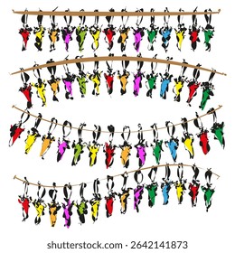 Hanging bulb garlands. Colorful light strands. Vector festive elements. Black wire design.