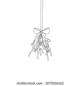 Hanging a bunch of mistletoe branches tied with a ribbon drawn by one line. Floral sketch. Continuous line drawing Christmas decoration. Minimalist art. Holiday vector illustration.
