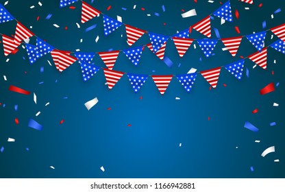 Hanging Bunting Flags for American Holidays. Blue, white and red foil confetti. Vector illustration.