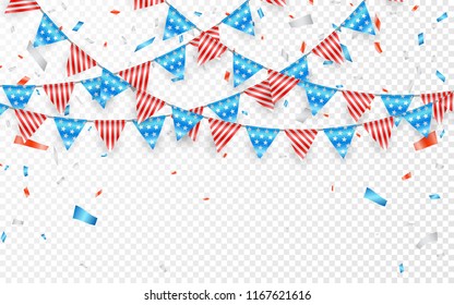 Hanging Bunting Flags for American Holidays. Blue, white and red foil confetti. Vector illustration.