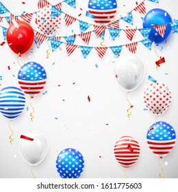 Hanging Bunting Flags for American Holidays card design. American balloons and flag garland with confetti background. Vector illustration.