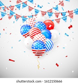 Hanging Bunting Flags for American Holidays card design. American balloons and flag garland with confetti background. Vector illustration.