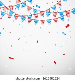 Hanging Bunting Flags for American Holidays card design. American flag garland with confetti background. Vector illustration.