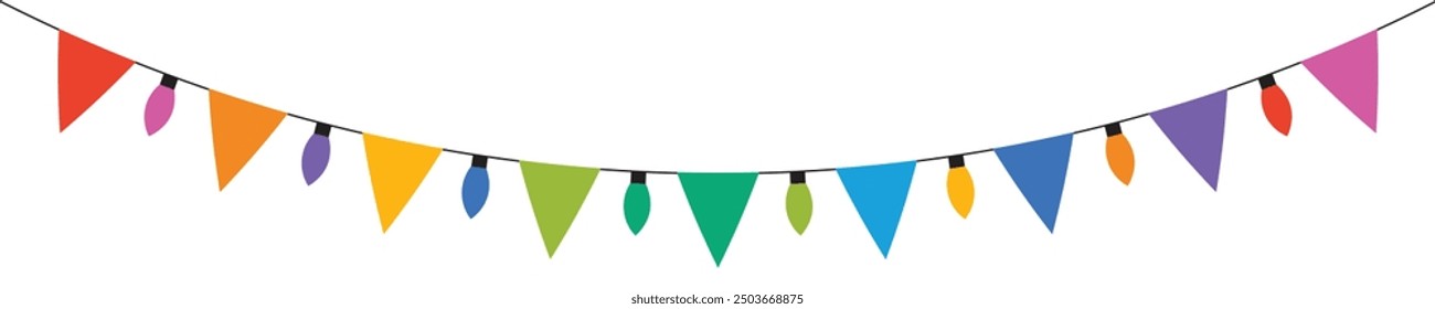 Hanging bunting flags with bulb in flat style. Christmas holiday garland lights isolated on transparent background. Vector illustration