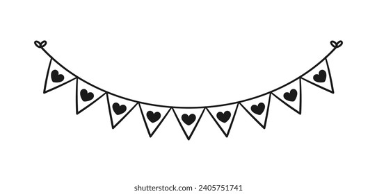Hanging bunting garland flags with heart pattern for Valentines parties vector illustration