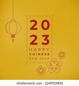 Hanging burgundy lantern and flowers. Happy Chinese New Year. Year of the rabbit. 2023. Vector illustration, flat design