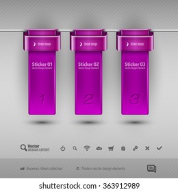 Hanging business ribbons on the gray background. Vector design elements. Set of various icons included.