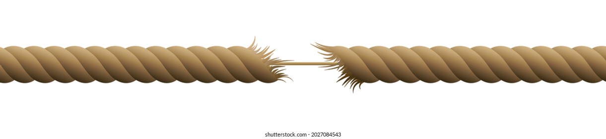 Hanging By A Thread - Almost Broken Rope, Frayed Tensioned Cord Held Together By A Thin String. Isolated Vector Illustration On White Background.
