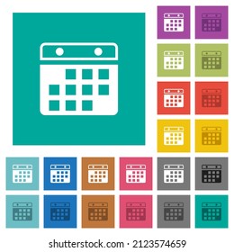 Hanging calendar alternate version multi colored flat icons on plain square backgrounds. Included white and darker icon variations for hover or active effects.