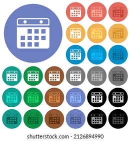 Hanging calendar alternate version multi colored flat icons on round backgrounds. Included white, light and dark icon variations for hover and active status effects, and bonus shades.
