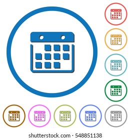 Hanging calendar flat color vector icons with shadows in round outlines on white background