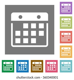 Hanging calendar flat icon set on color square background.