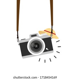 Hanging Camera Vector With Straw Hat