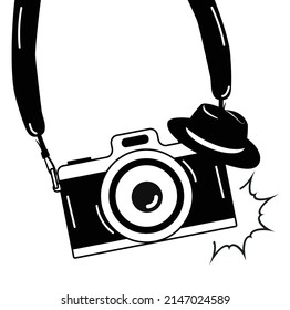 hanging camera  Vintage icon  sign with hat