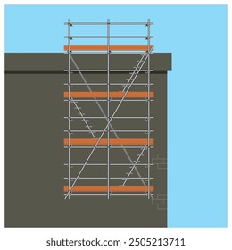 Hanging and cantilever scaffolding installation at high rise building vector illustration. Working platform for work at height.