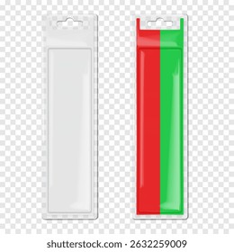 Pendurado cartão e plástico transparente retângulo longo caixa de blister. Modelo de vetor 3d realista. Embalagem em branco transparente de manga individual com furo de euro. Maquete. Fácil de editar. Modelo para design