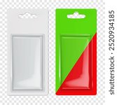 Hanging cardboard and clear plastic rectangle blister box. Realistic 3d vector mock-up. Blank rectangular individual sleeve packaging with euro hole hanger. Mockup. Easy to edit. Template for design