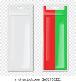 Hanging cardboard and clear plastic rectangle blister box. Realistic 3d vector mockup. Blank transparent individual sleeve packaging with euro hole. Mock-up. Easy to edit. Template for design
