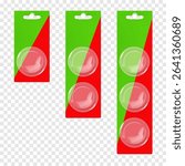 Hanging cardboard and clear plastic round blister box. Realistic 3d vector mockup set. Blank individual circle sleeve packaging with euro hole hanger. Mock-up. Easy to edit. Template for design
