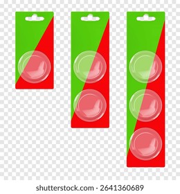 Hanging cardboard and clear plastic round blister box. Realistic 3d vector mockup set. Blank individual circle sleeve packaging with euro hole hanger. Mock-up. Easy to edit. Template for design