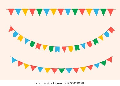 Hanging carnival garlands. Color party flags for kids. Vector illustrations set